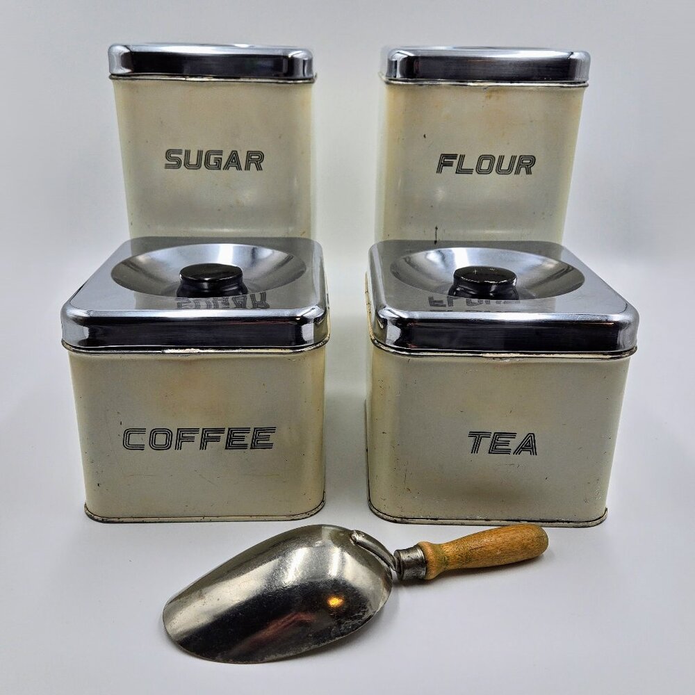 Kitchen Canisters Metal The Queen Line AR Lite White Cream 4 Pieces Vintage